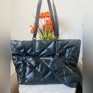Steve Madden Black Quilted Tote with Pouch
